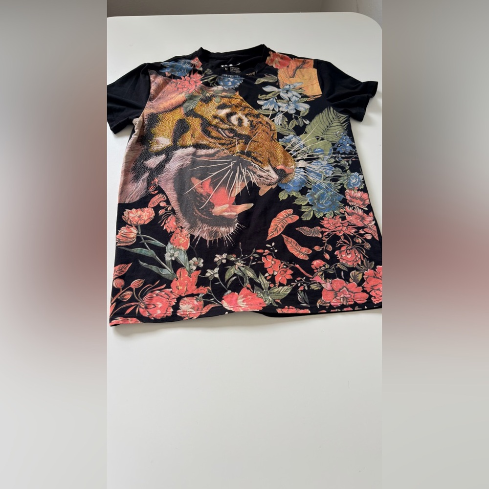 Heads or Tails Rhinestone Floral Tiger Graphic Tee Shirt Men’s Medium Streetwear